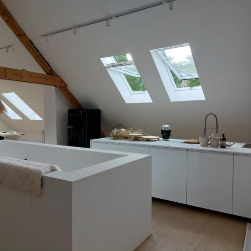 a kitchen with white cabinets and skylights at Le Grenier in Trois-Ponts