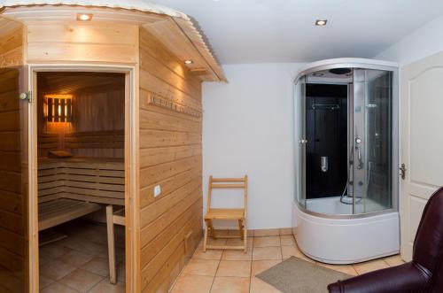 Un pequeño baño con ducha y WC. en Chalet Mont Blanc, en Yaremche