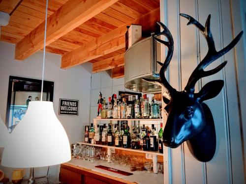 a reindeer head on the wall of a bar at Chabanettes Hotel & Spa in Auzelles