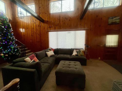 a living room with a couch and a christmas tree at Cozy Waterfront Cottage in Beaverton