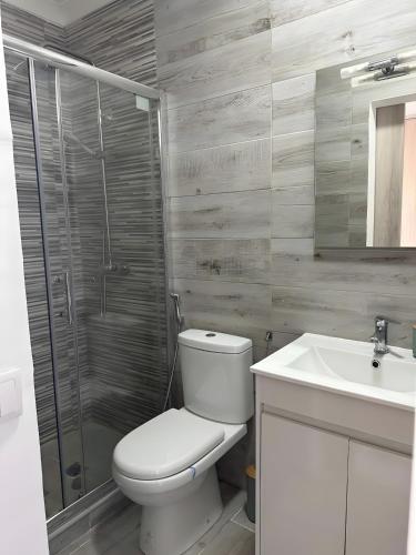 a bathroom with a toilet and a shower and a sink at Casa Da Aldeia in Alcácer do Sal