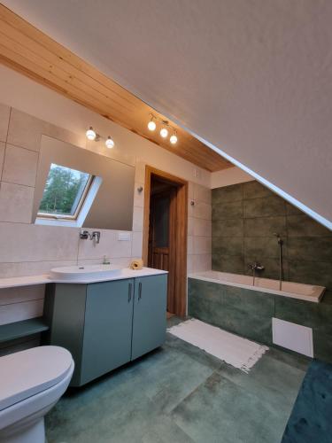 a bathroom with a sink and a toilet and a tub at Gajówka nad Serwami in Mołowiste
