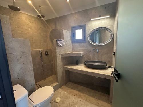 a bathroom with a sink and a toilet and a mirror at Karya View 2 in Kariá