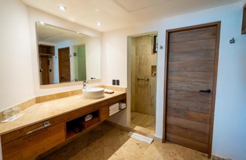 a bathroom with a sink and a shower at Akumal Bay Beach & Spa Resort in Akumal