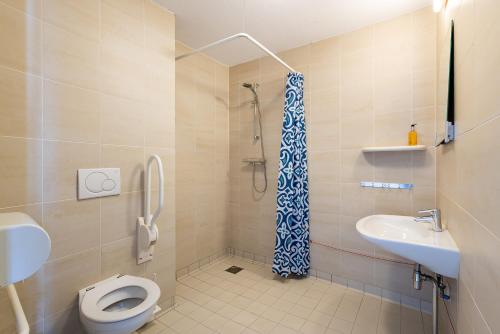 a bathroom with a shower and a toilet and a sink at Stayokay Hostel Texel in Den Burg