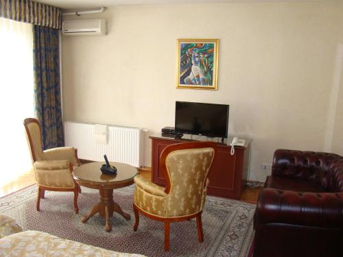 a living room with a couch a table and a television at Hotel Vila Ariston in Osijek