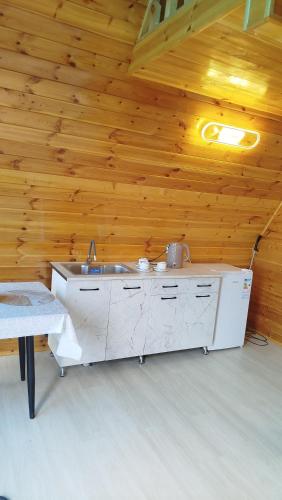a kitchen with a sink in a wooden ceiling at Тайыз Кол in Tossor