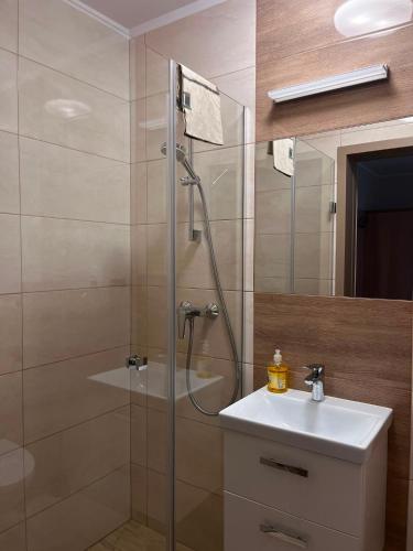 a bathroom with a shower and a sink at Pokoje Blisko Morza SUNSET in Ustka