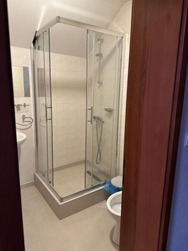 a bathroom with a shower and a toilet at Restoran Orahovica Konjic - sobe in Konjic