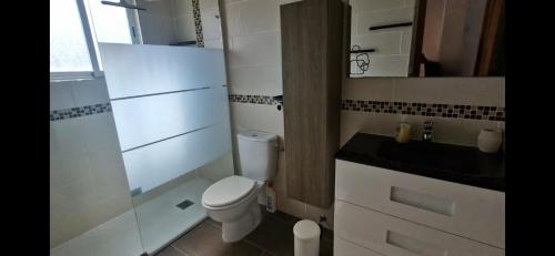 a small bathroom with a toilet and a sink at Villa Guzi in Orihuela Costa