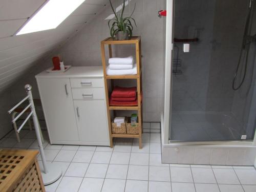 a bathroom with a shower and a shelf with towels at Fewo Glaser in Lug