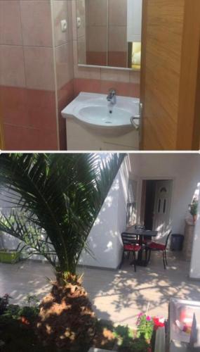 a bathroom with a sink and a palm tree at Nadalina 9 in Starigrad