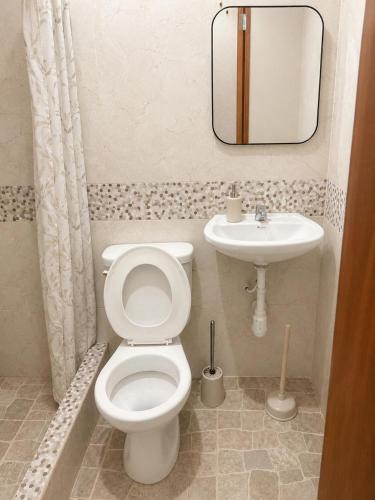 a bathroom with a toilet and a sink at Amazon City House Iquitos in Iquitos
