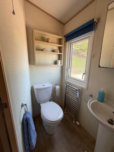 a small bathroom with a toilet and a sink at Beachcomber's Paradise in Castlegregory