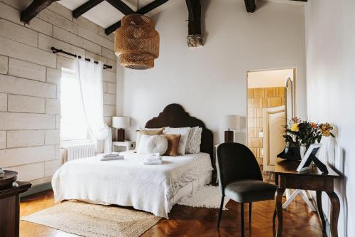 a bedroom with a bed and a desk and a chair at Le clos de Bellevue in Mortagne-sur-Gironde