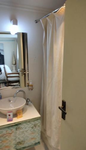 a bathroom with a sink and a shower curtain at Dahabiya cruise in Luxor