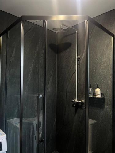 a shower with a glass door in a bathroom at Foresthillсоttage in Tyshovnitsa