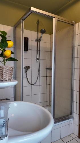 a bathroom with a shower and a white tub at EVIA Hotel restaurant in Recklinghausen