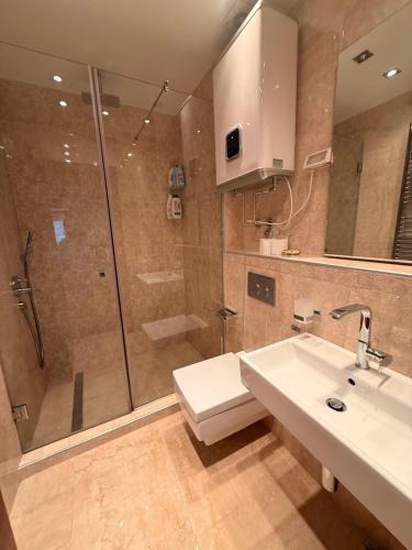 a bathroom with a shower and a sink and a toilet at Vista Mare Vidikovac in Budva
