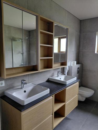 a bathroom with two sinks and a toilet at Elliðaár Valley Guesthouse in Reykjavík