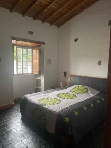 a bedroom with a large bed with a comforter on it at Robalinho's House in Faja Grande
