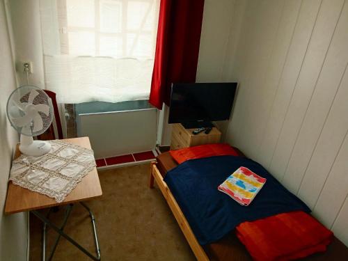 a small bedroom with a bed and a table with a fan at Gasthaus & Pension Schmidt's in Haldensleben