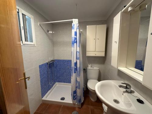 a bathroom with a shower and a toilet and a sink at Casa Rural Villa María 2061 in Torrox