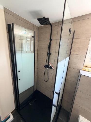 a shower with a glass door in a bathroom at Haus Bernd Joachimsthal am Grimnitzsee in Joachimsthal