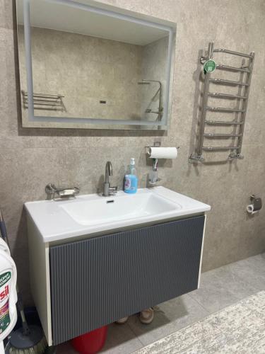 a bathroom with a white sink and a mirror at Luxury Tashkent house Zenith in Tashkent