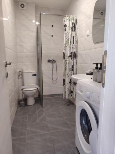 a bathroom with a toilet and a washing machine at Tanja Apartment in Podgorica