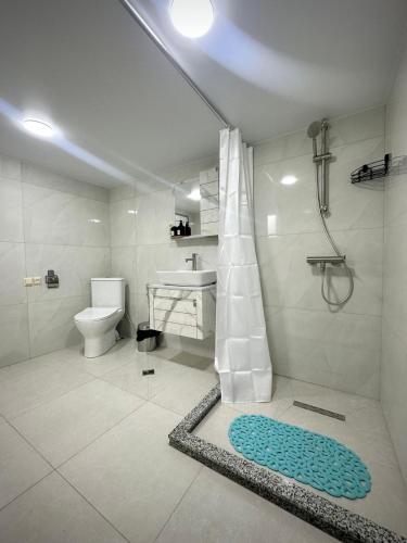 a bathroom with a shower and a toilet and a sink at Guest House Ucha in Stantsiya Chakva