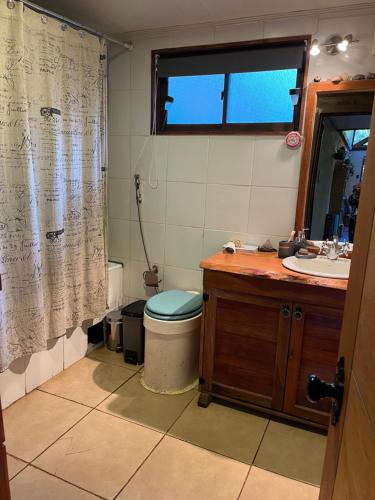 a bathroom with a toilet and a sink at Refugio Lawentu Linares Colbun in Los Rabones
