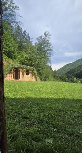 a building in the middle of a green field at lazy trout house in Criva