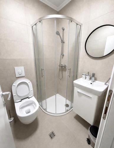 a bathroom with a shower and a toilet and a sink at Panorama Krizevac in Međugorje