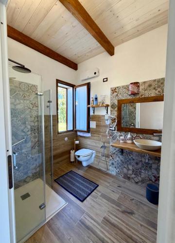 a bathroom with a shower and a toilet and a sink at Casa Vacanze LA CIMINEA in Erula