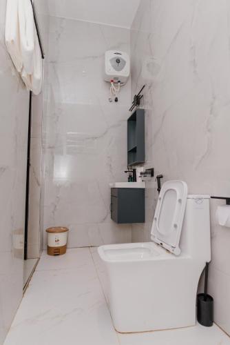 a white bathroom with a toilet and a television at Residence Cottages in Morogoro