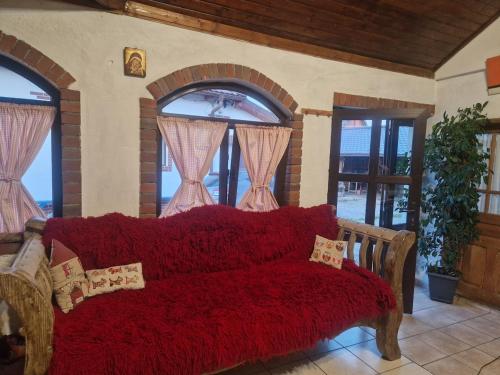 a red couch in a room with windows at Casa Cuca Macai in Lăunele