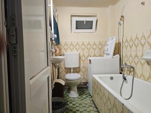 a bathroom with a toilet and a tub and a sink at Casa Narcisa in Călimăneşti