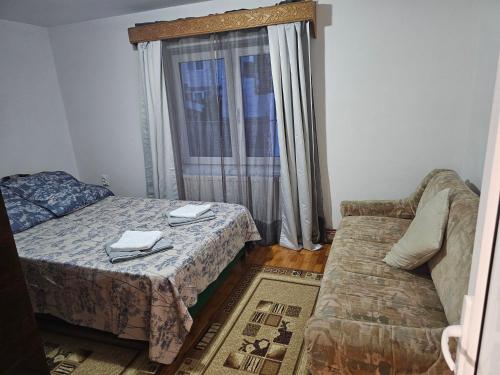 a room with a bed and a couch and a window at Casa Narcisa in Călimăneşti