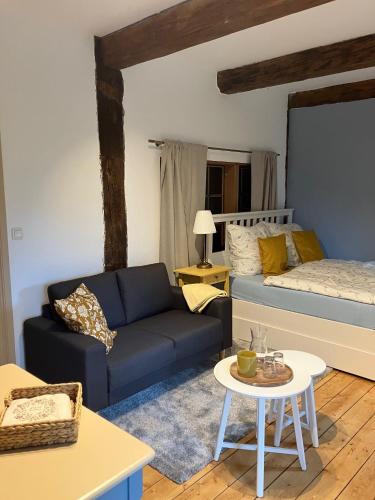 a living room with a couch and a bed at Reetglück in Haseldorf