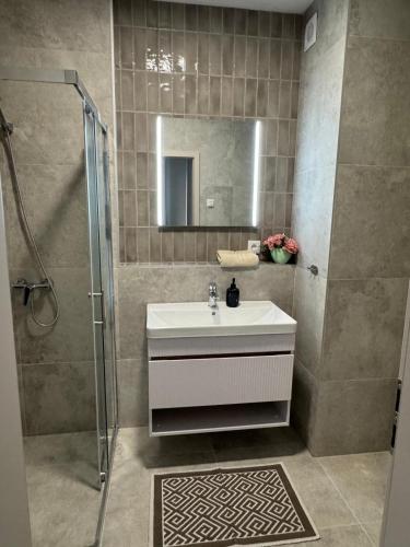 a bathroom with a sink and a shower at Panoráma apartman in Dolný Čepen