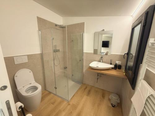 a bathroom with a shower and a toilet and a sink at Amici del Colle - Olive Tiny Houses in Borgo a Buggiano