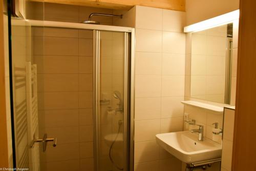 a bathroom with a shower and a sink at Hotel Forelle in Plansee