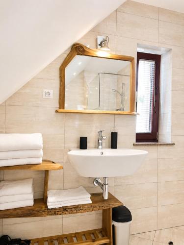 a bathroom with a sink and a mirror at Apartmaji Kramar Rateče in Kranjska Gora