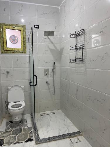 a bathroom with a shower and a toilet at Chez Cat & Lolo in Quseir