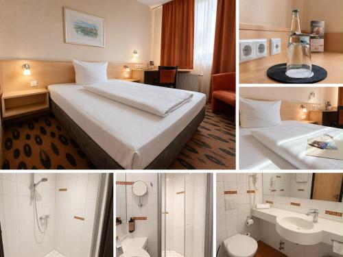 a hotel room with a bed and a bathroom at Hotel Rhein-Ruhr by Mayburgh Bottrop Hauptbahnhof in Bottrop