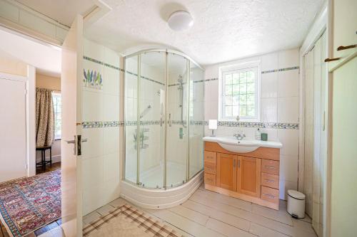 a bathroom with a shower and a sink at Primrose Spinney in Ringwood