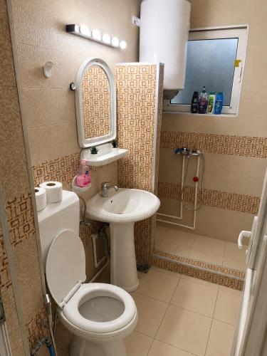 a small bathroom with a toilet and a sink at The Art Ceiling Loft at Main Square in Prishtinë