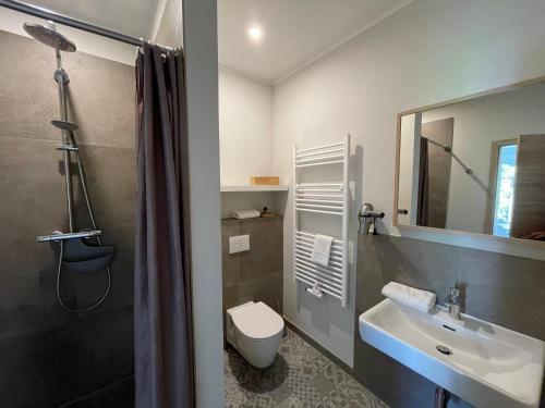 a bathroom with a sink and a toilet and a shower at Ferienwohnung FÜNF Hof Himmelgrün in Saal