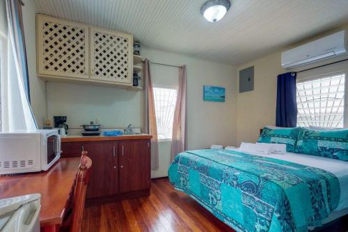 a bedroom with a bed and a tv in it at DV #1 at DV Cabanas - Gold Standard Certified in Caye Caulker